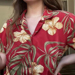 Red Hawaiian Button Up Short Sleeve Shirt